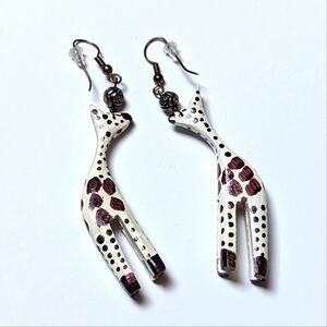 Artisan Hand Carved Painted Giraffe African Safari Dangly Pierced Earrings